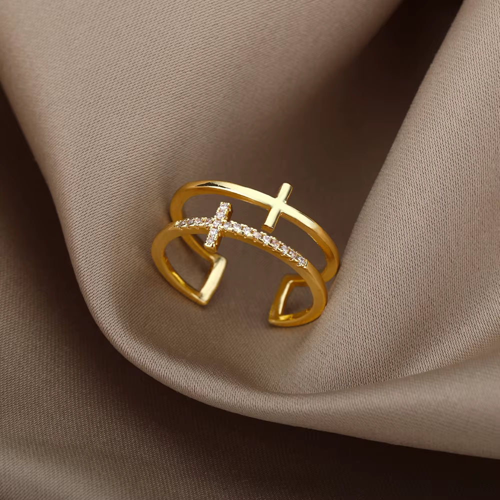 Cross Rings for Women Opening Gold Color Stainless Steel Ring Vintage Jesus Couple Wedding Jewelry Freeshipping Item Anillos