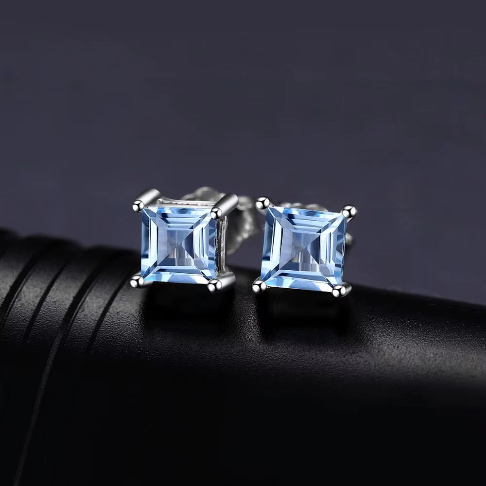 Square Gemstone Silver Stud Earrings
