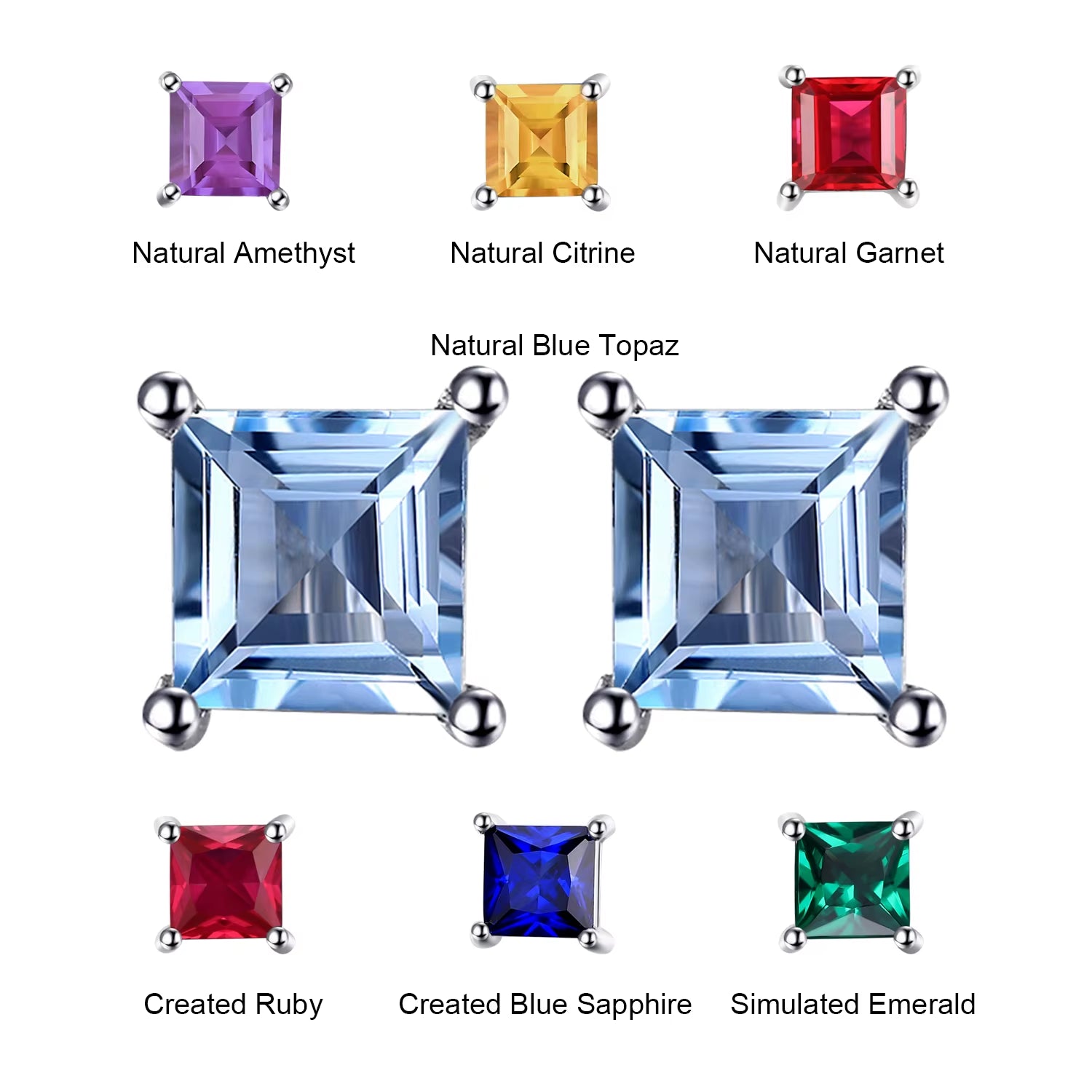 Square Gemstone Silver Stud Earrings